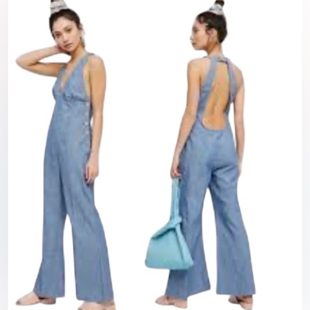 Free People Women's Blue Dance All Night Open Back Jumpsuit size 12